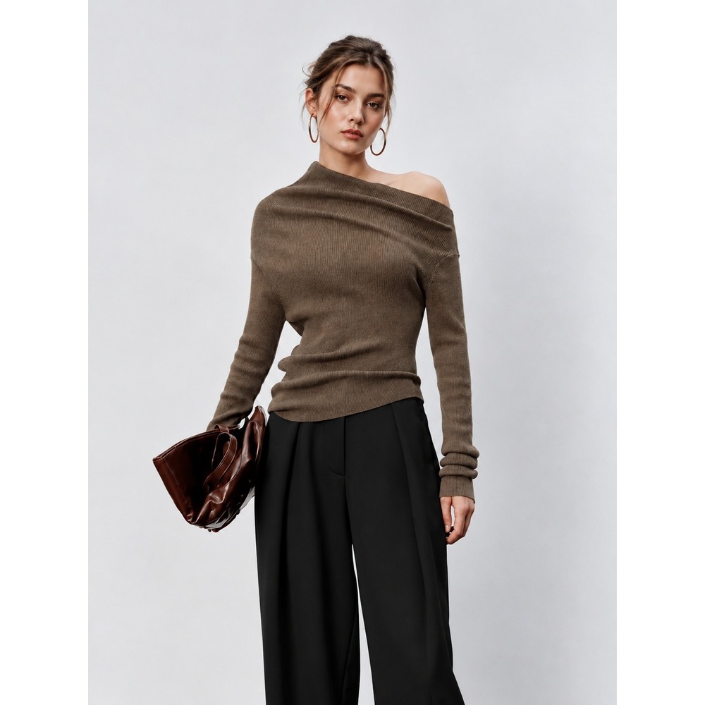COMMENSE Dark Brown Asymmetric Neck Long Sleeve Knit Top Fitted Sweater XS
